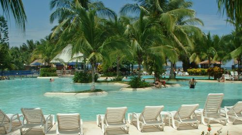 Fancy swimming pool at the fancy resort hotel.